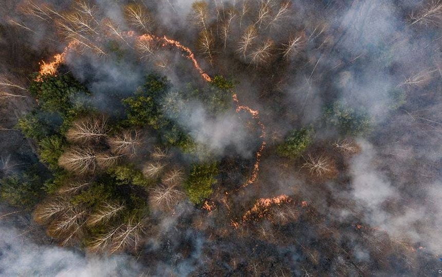 Firefighters continue to extinguish forest fire in the radioactive Chornobyl zone