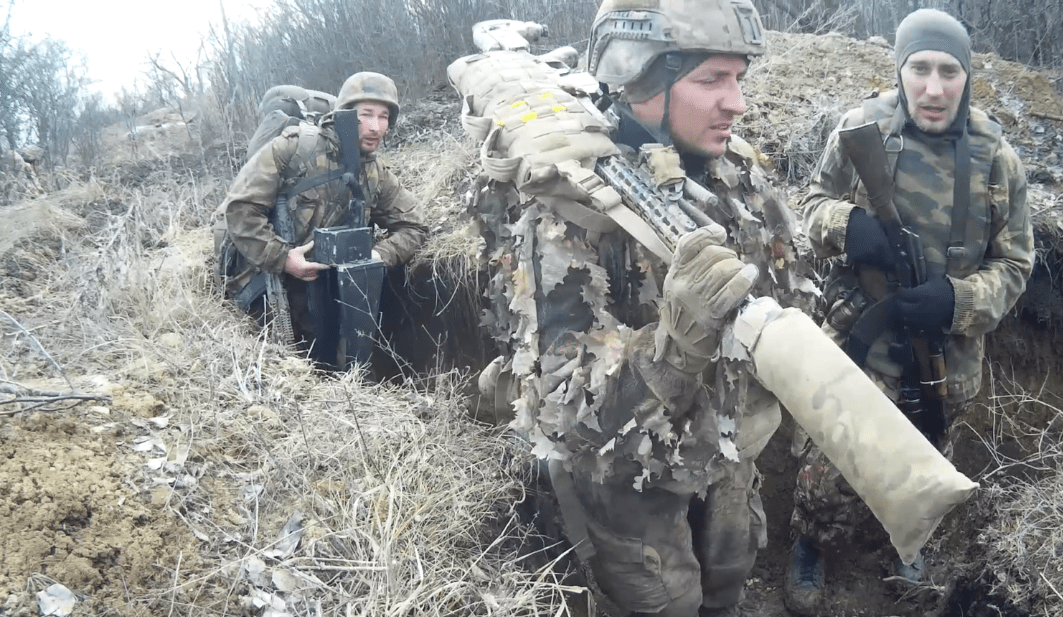 Ukrainian soldiers on frontline positions in Donbas amid escalating tensions with Russian-backed forces in March 2021