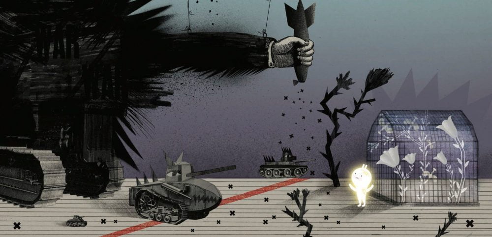 Illustrated pages from How War Changed Rondo showing symbolic characters and dark war imagery contrasting with bright colors and fragile artistic elements