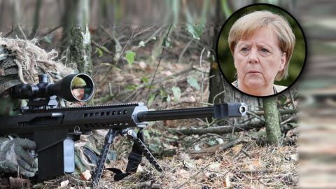 Angela Merkel portrait with NATO and Ukraine flags representing disputed arms sales blockade and European security tensions with Russia