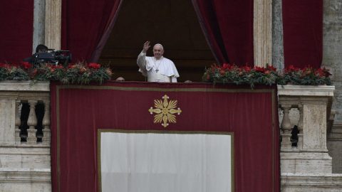 Pope Francis delivering Christmas speech at Vatican addressing global conflicts including Ukraine war and humanitarian crisis