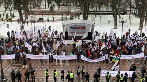 Police and public rally outside Ukraine’s Verkhovna Rada during Zelensky annual address in Kyiv with heightened security presence
