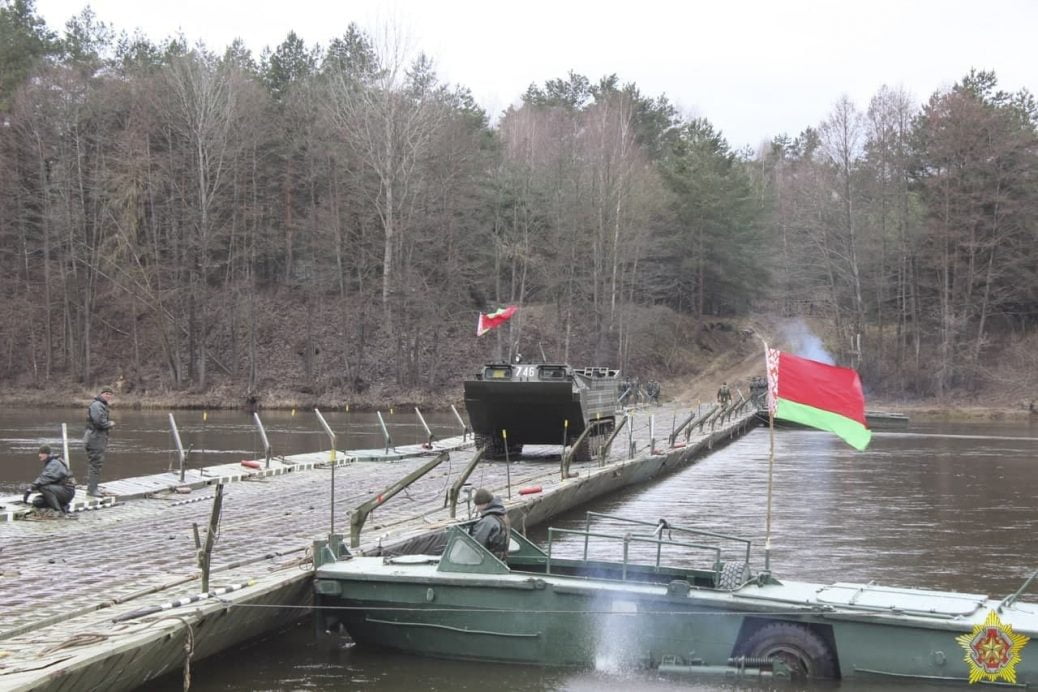 Pontoon bridge constructed across the Pripyat River in Belarus, 4 km from Ukraine