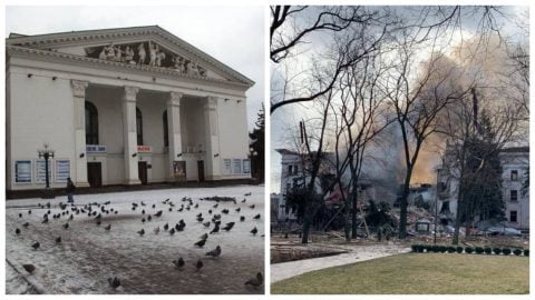 Ruins of Mariupol drama theater after Russian bombardment where hundreds of civilians were sheltering, illustrating war‑time civilian carnage.
