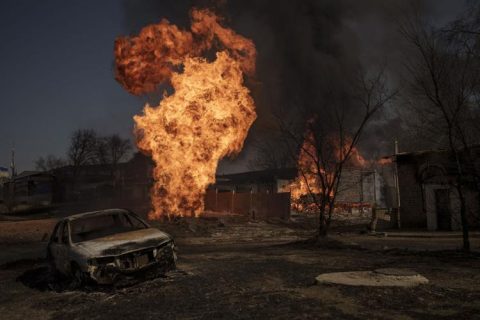 Smoke and destruction across multiple Ukrainian cities from Russian shelling and missile attacks in war‑time scenes as of March 26, 2022 digest.