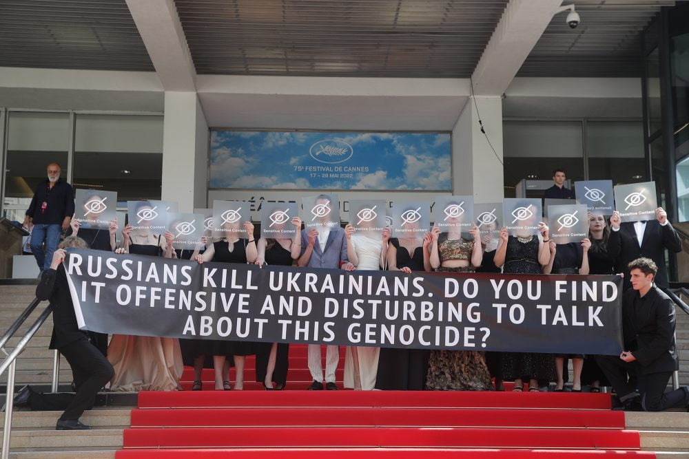 Scene from Ukrainian film Butterfly Vision at Cannes with sirens in background, capturing war-inspired artistic impact on festival guests