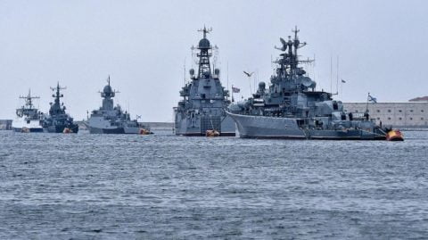 Russian Black Sea Fleet warships including frigates, patrol boats and landing ships shown at sea during military operations related to the war in Ukraine.