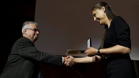 Maryna Viazovska holding her Fields Medal after historic win as the second woman in history awarded mathematics’ top honor amid Ukrainian pride and global acclaim.