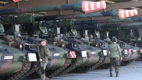 German Bundeswehr weapons and ammunition staged for export to Ukraine, including Gepard air defense, IRIS‑T missiles and artillery rounds.