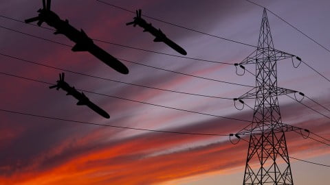Aftermath of a Russian missile strike on Ukraine’s energy infrastructure with damaged power facilities and emergency crews responding