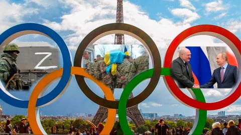 Olympic rings with crossed‑out Russian flag and neutral recommendations, symbolizing global debate on banning Russian athletes amid Ukraine war.