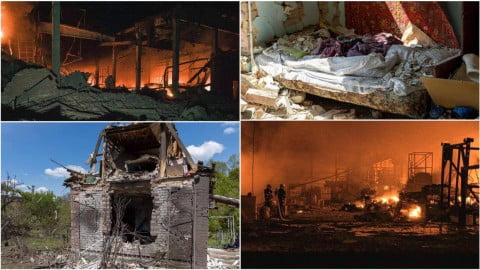 Aftermath of Russian shelling in a Ukrainian region showing damaged residential buildings following overnight attacks