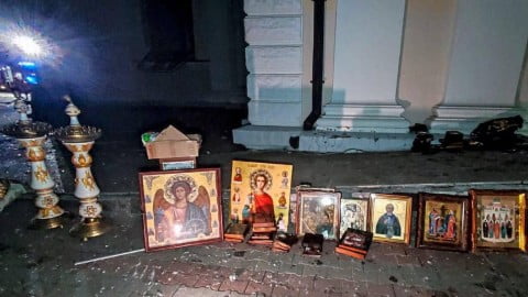Ruins of Odesa’s Transfiguration Cathedral after night Russian missile strike, smoke, rubble, damaged walls and historic architecture