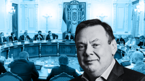 Graphic of Russian oligarch asset icons — yachts, corporate buildings, and money — with chains and legal gavel symbolizing stalled confiscation efforts in Ukraine.