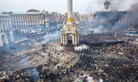 Kyiv court scene with judges and defendants in the Maidan case as five former Berkut officers are sentenced for 2014 shootings of protesters. :contentReference[oaicite:2]{index=2}