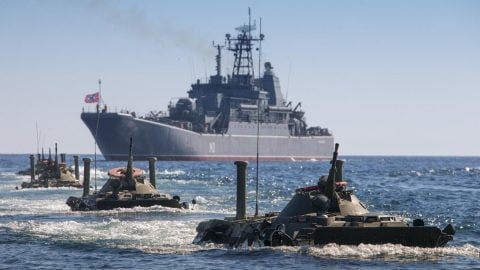 Damaged Russian landing ship burning in the Black Sea after Ukrainian naval drone and missile strikes against amphibious assault vessels