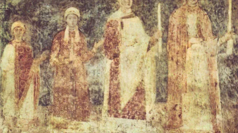 Medieval fresco in Kyiv’s Saint Sophia Cathedral depicting daughters of Yaroslav the Wise who became queens across Europe.