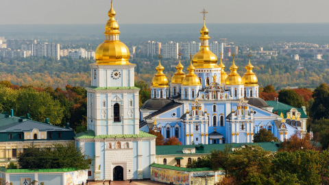 St Michaels Golden-Domed Monastery in Kyiv at night, symbolizing the historic ringing of bells during the 2013 Maidan protests