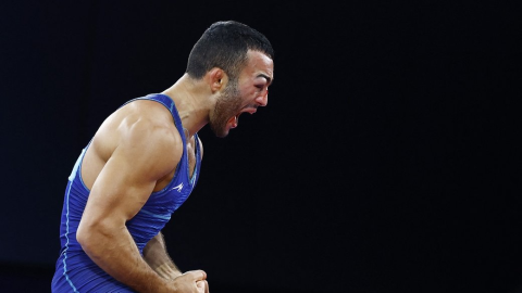 Parviz Nasibov of Ukraine competing in Greco-Roman wrestling final at Paris 2024 Olympic Games during medal bout