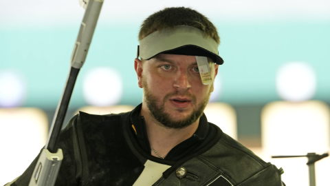 Ukrainian shooter Serhii Kulish competing in Olympic rifle shooting event during Paris 2024 Games