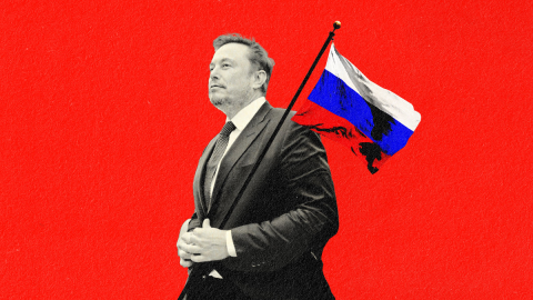 Elon Musk and Twitter X logo with graphic overlay of Russian oligarch investors tied to Putin amid controversy over influence and platform changes