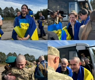 Ukrainian POWs returning home during the 56th exchange with Russia — servicemen, Azovstal defenders, and civilians stepping off transport.