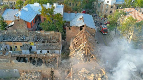 Damaged historic buildings and debris in central Lviv after a combined Russian missile and drone attack on the city’s heart and heritage sites.