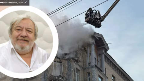 Exterior of Kyiv residential building hit by Russian drone debris that killed prominent scientists Ihor Zyma and Olesia Sokur in Pechersk district.