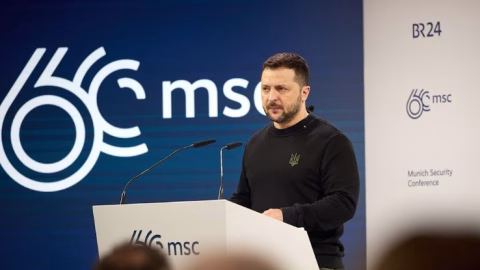 Ukrainian President Volodymyr Zelensky delivering his speech at the Munich Security Conference, calling for European unity and security guarantees.