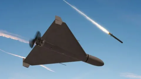 UAV drone in flight dispersing explosive devices over Ukrainian landscape, illustrating the new enemy drone threat and public safety warning.
