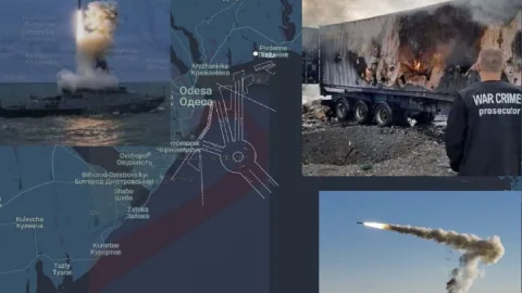 Aerial view of Ukrainian Black Sea port infrastructure damaged by Russian missile and drone strikes in early 2025, showing destruction at Odesa and Pivdennyi.