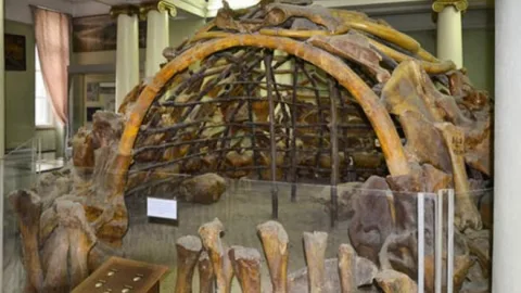 Reconstruction of prehistoric mammoth bone hut near Mezhyrich, Ukraine showing ancient dwellings built by humans during the Ice Age near Kyiv.:contentReference[oaicite:3]{index=3}