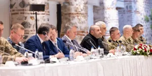 The Ukrainian delegation at the talks in Istanbul communicates with the Russians through an interpreter