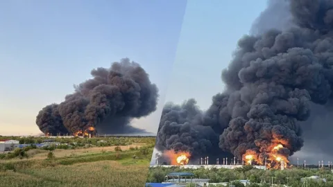 Ukrainian forces conduct a preemptive strike on Russian bases with explosions and fire at military airfields and logistics hubs at night.