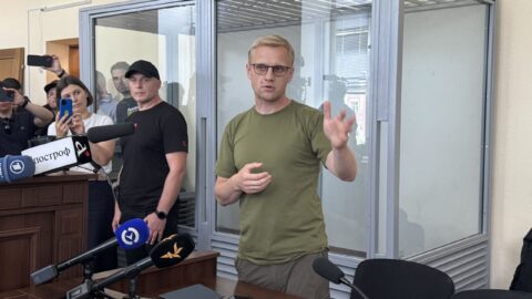 Anti‑corruption activist Vitalii Shabunin at a press moment amid protests and legal battles over criminal charges and political pressure from Zelenskyy’s administration.