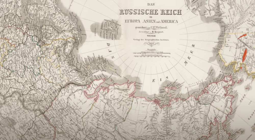 Historical map showing Alaska before the 1867 sale alongside Russian and European regions in a geopolitics myth context