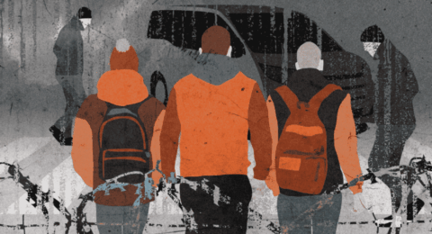 Illustration of children with backpacks walking amid a grey urban scene, symbolizing impacts on youth during the Ukraine war.