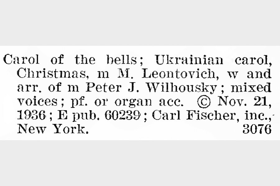 1937 United States Copyright Office catalogue extract documenting the registration of Shchedryk, later known as Carol of the Bells