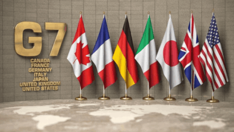 G7 logo with EU flags and Ukrainian flag – concept of frozen Russian assets financial support