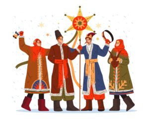 Ukrainian Christmas carolers in traditional clothing singing kolyadky, preserving ancient winter traditions and cultural heritage