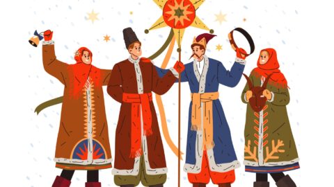 Ukrainian Christmas carolers in traditional clothing singing kolyadky, preserving ancient winter traditions and cultural heritage