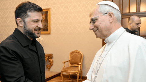 Volodymyr Zelenskyy with Pope Leo XIV at Castel Gandolfo December 2025