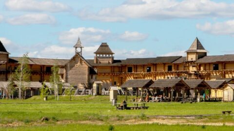 Illustration of ancient Kyiv with Ukrainian flag and DNA helix, symbolizing 2,700 years of history and Aryan ancestry