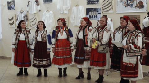 Traditional Ukrainian embroidered shirts displayed at Uzhhorod Skansen