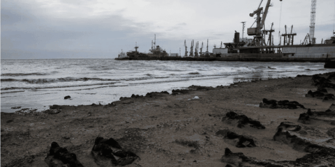 Cargo ship at Black Sea, representing vessel transporting looted grain from Mariupol to Türkiye, 2025