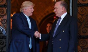 Donald Trump and Ronald Lauder at a meeting, with Kirovohrad lithium mine in the background, highlighting the controversial Ukraine deal.
