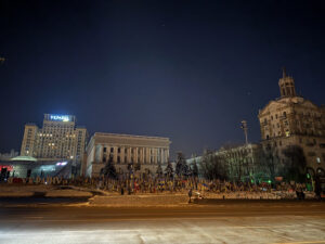 Dark Independence Square in Kyiv with russia–Ukraine war memorial, symbolizing winter trauma and destruction of civilian energy infrastructure