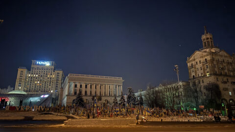 Dark Independence Square in Kyiv with russia–Ukraine war memorial, symbolizing winter trauma and destruction of civilian energy infrastructure