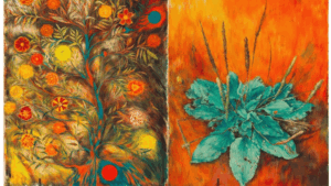 Visitors at a Ukrainian art gallery crowd around vibrant contemporary works during a major January exhibition in Kyiv.