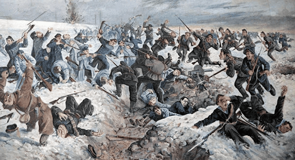 Historical depiction of the Battle of Kruty where Ukrainian students and cadets defended the approaches to Kyiv against a superior force in 1918.